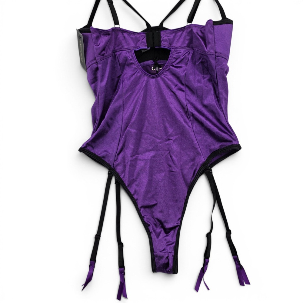 Vintage Frederick's Hollywood Delta Gia Teddy Bodysuit Purple Lace Up NWT Large - Picture 3 of 6